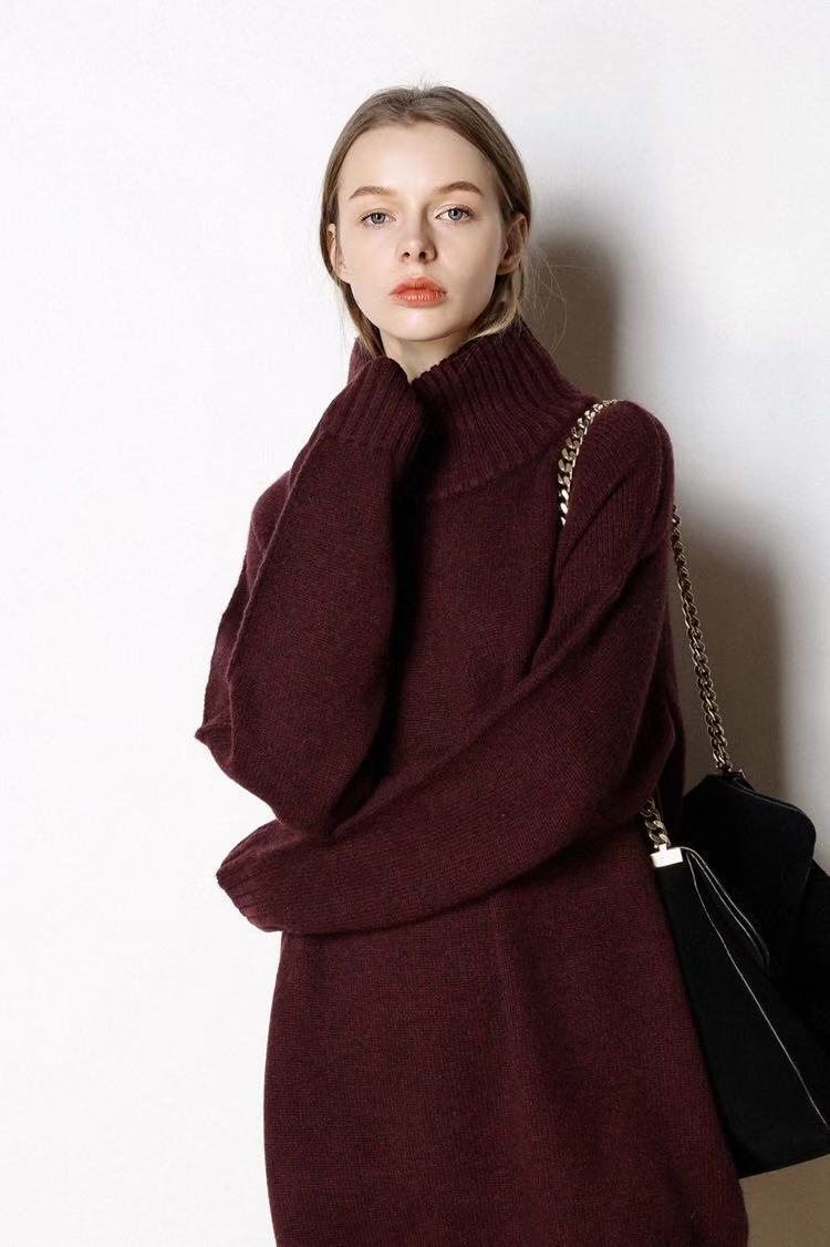 秋冬新款高领宽松显瘦羊毛衫女长款百搭时尚针织毛衣裙,女装羊毛衫,恒恩羊绒