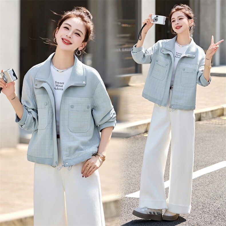 蓝色休闲翻领短款外套女2025春秋新款小个子百搭立领卫衣开衫上衣,女装短外套,木子恋