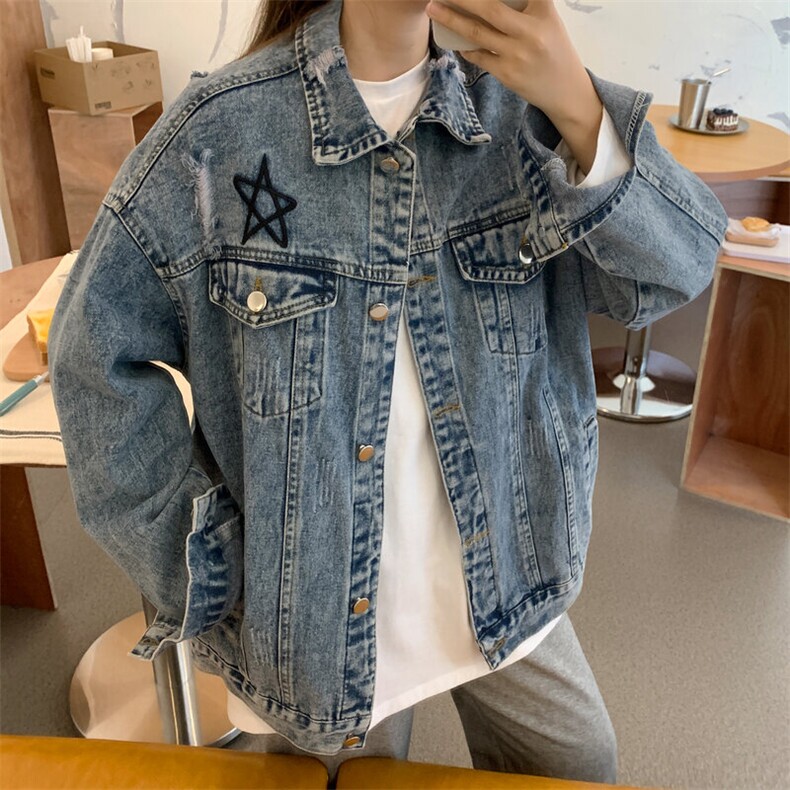 五角星刺绣破洞牛仔外套女宽松秋季复古bf风夹克上衣潮C656-P88,男装工装外套,星座911-2(原星座613-2）