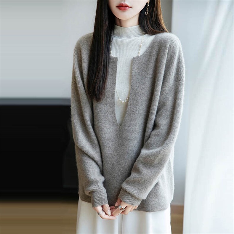 法式设计感酒红灰色v领纯羊毛针织毛衣女25新款宽松保暖长袖上衣,女装羊毛衫,越洋羊