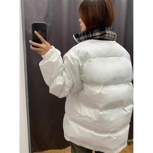 潮美式磨毛格子拼接羽绒棉服冬季加厚保暖情侣外套图片
