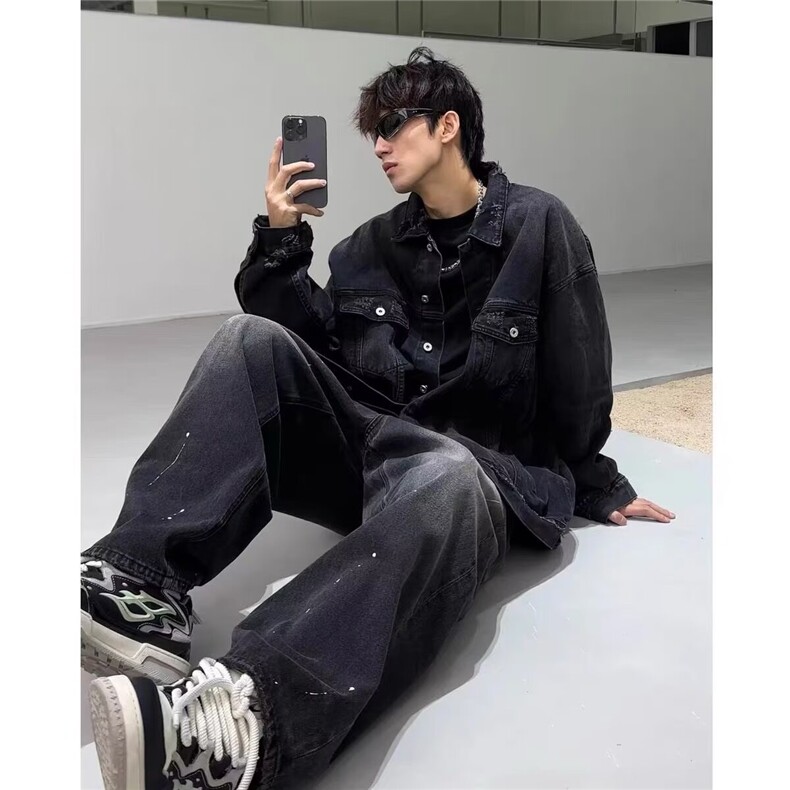 潮ins高街水洗做旧牛仔外套男刮破烂宽松休闲夹克春秋小众设计感,男装工装外套,星座1210-1