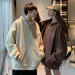 EQ177 麂皮绒哥特文油墨印花连帽套头卫衣男女秋季情侣装外套P68图片