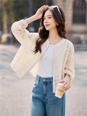 2026春季新款时尚休闲米色镂空蕾丝短外套韩系独特好看洋气休闲，女装短外套，米莱