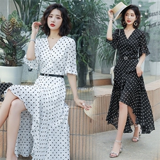2025年夏款女网红闺蜜装雪纺流行裙子波点荷叶边连衣裙，女装连衣裙，瑶迪依秀