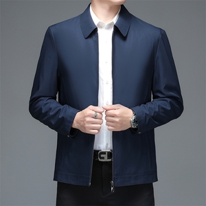 夹克男外套中年男士秋纯色商务上衣翻领茄克衫中老年休闲男装服饰图片