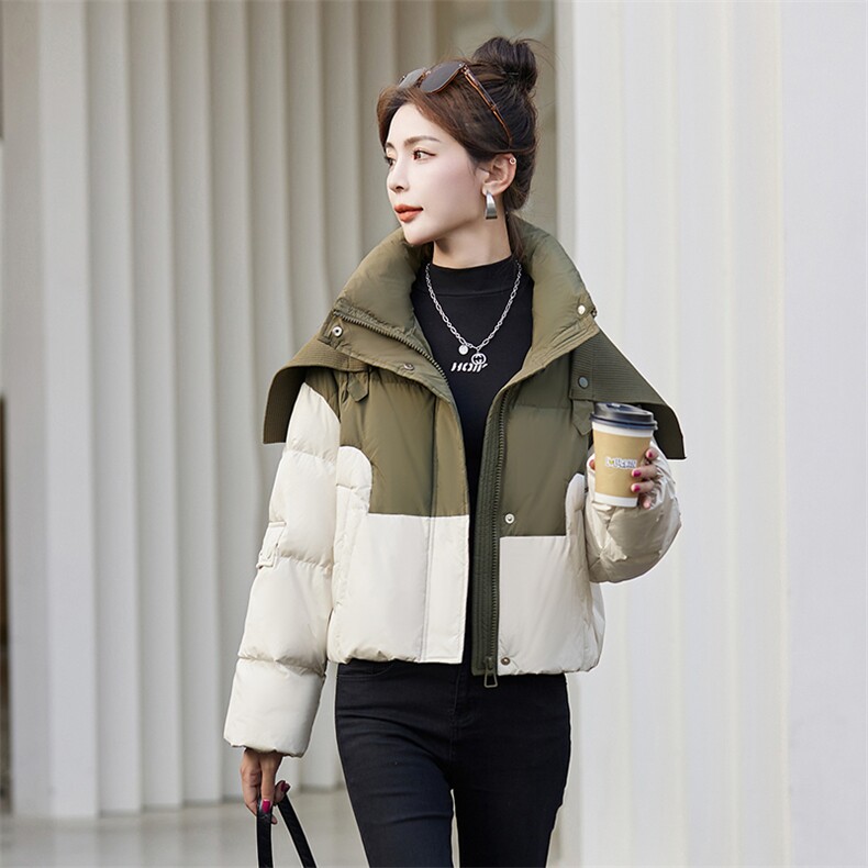 撞色立领羽绒服女短款2023冬季新款小个子加厚针织披肩面包服外套,女装羽绒服,众宇琦