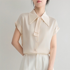 夏季新款简约领结短袖衬衣女宽松百搭显瘦时尚休闲上衣，女装衬衫，朝贺羊绒
