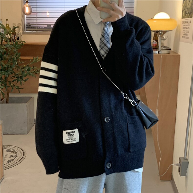 条纹开衫毛衣男秋季复古日系慵懒V领针织衫潮宽松外套M233-P43,男装针织衫/毛衣,星座512-4