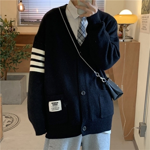 条纹开衫毛衣男秋季复古日系慵懒V领针织衫潮宽松外套 M233-P43图片