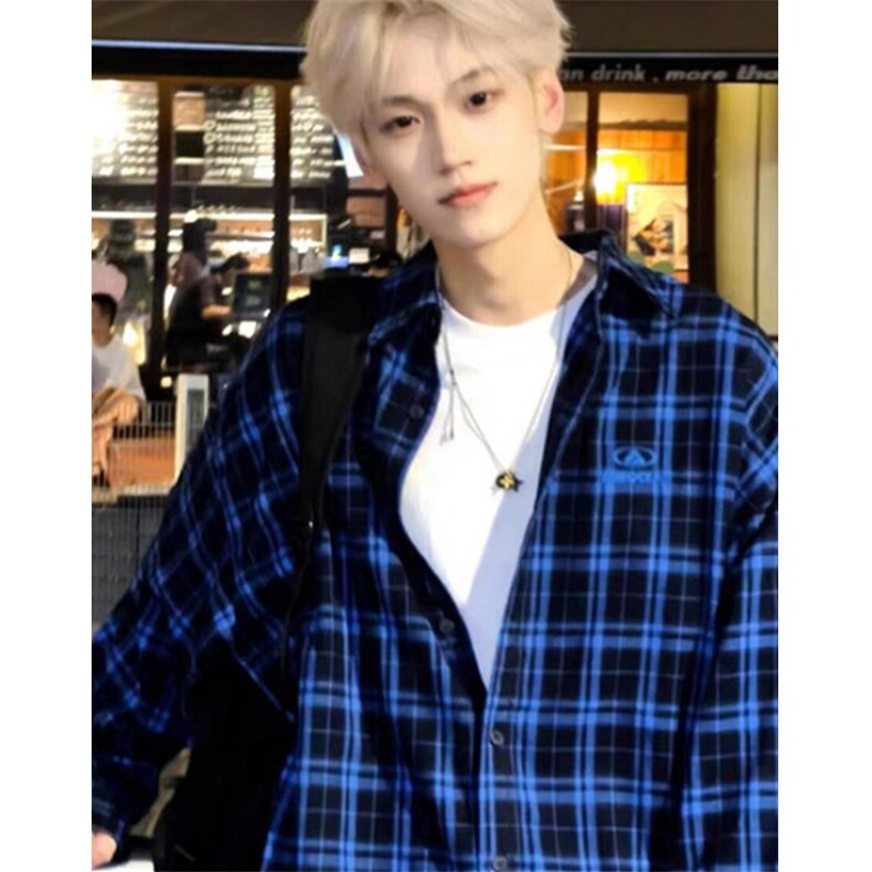 蓝色格子长袖衬衫男女款2025春秋冬季格纹衬衣外套CS380，男装衬衫，星座1116A（原606A-3）