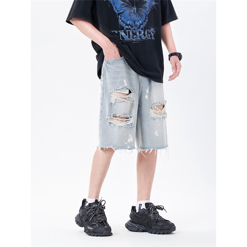 夏季破洞乞丐泼墨油画毛边五分过膝高街直筒牛仔裤男短裤沙滩裤，男装牛仔裤，星座301D-4(原星座1004-4）