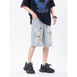 夏季破洞乞丐泼墨油画毛边五分过膝高街直筒牛仔裤男短裤沙滩裤,男装牛仔裤,星座301D-4(原星座1004-4）