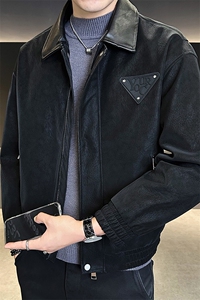 25889-M-4XL-P145店主风秋季翻领欧货高品质拼色贴标男士皮衣外套图片