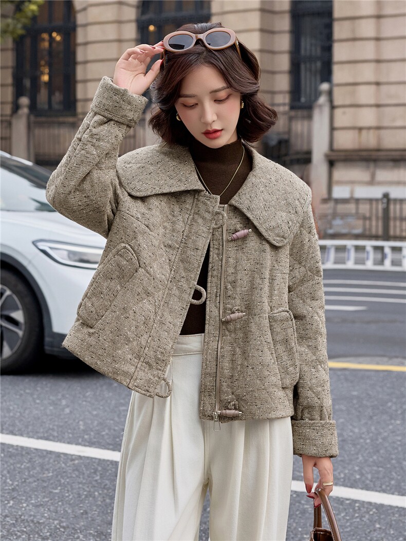 2025秋冬新款时尚大翻领毛呢夹棉外套,女装棉衣/棉服,依路服饰