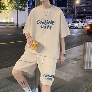 wassup happy华夫格短袖男夏季潮牌港风宽松休闲五分裤子运动套装图片