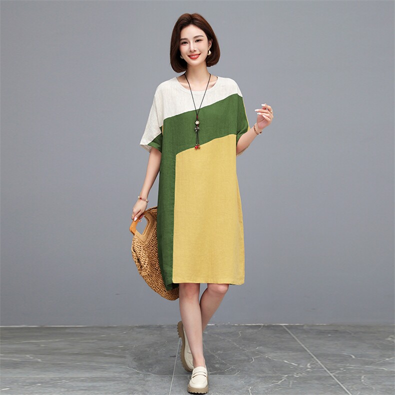 时尚撞色拼接宽松连衣裙夏季新款显瘦遮肉长裙819款,女装连衣裙,秋牧寒烟