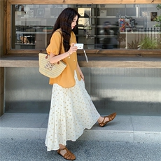 慵懒休闲韩系套装裙女夏2025新款宽松衬衫上衣碎花半身长裙两件套，女装套装/套裙，2C177