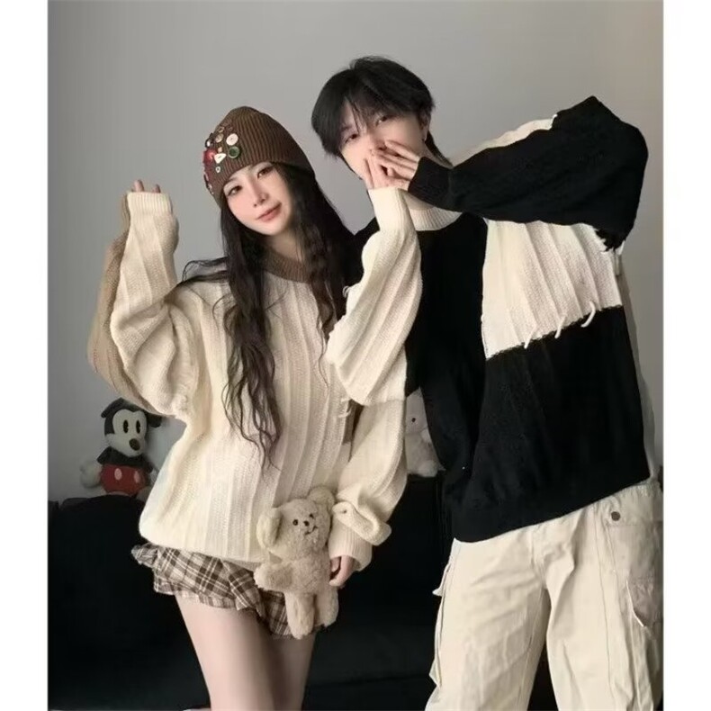 设计感拼接撞色毛衣男女秋冬季宽松休闲小众套头情侣针织衫上衣，男装针织衫/毛衣，星座1210-1