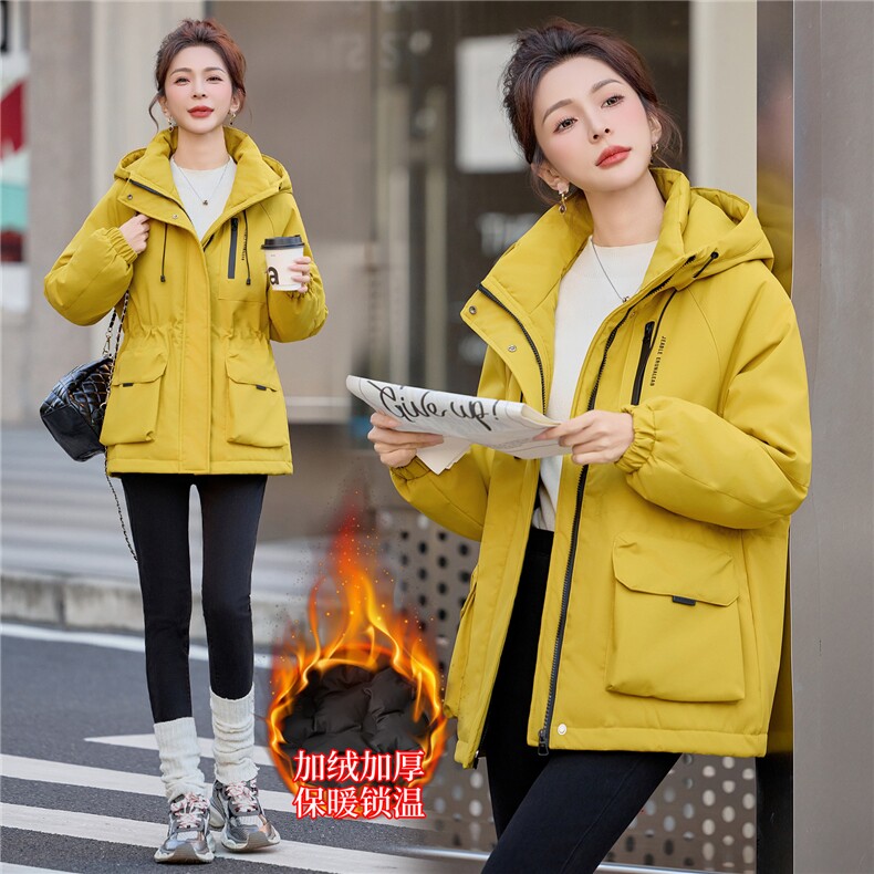 2025年冬季时尚休闲加绒加厚宽松连帽中长款棉衣，女装棉衣/棉服，依恋蒂丝