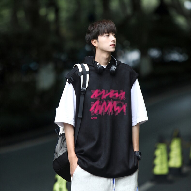 麂皮绒连帽背心坎肩男T恤美式港风JLB3182-P30控48,男装T恤,电商B370