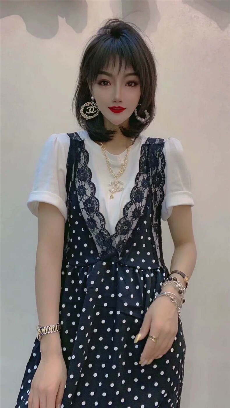欧洲站女装2021夏季新款时尚拼蕾丝波点显瘦吊带假两件连衣裙图片