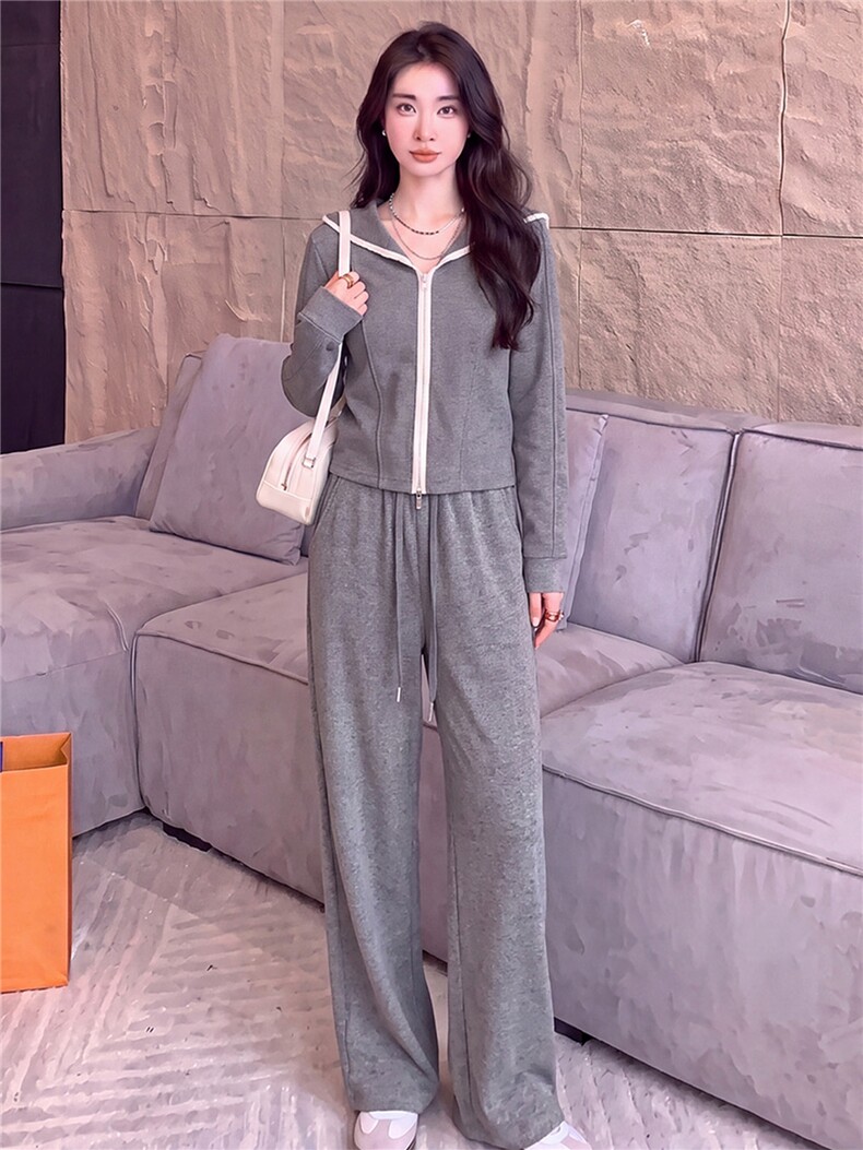 欧货休闲时尚套装女春秋灰色短款双头拉链长袖卫衣阔腿长裤两件套,女装套装/套裙,江南