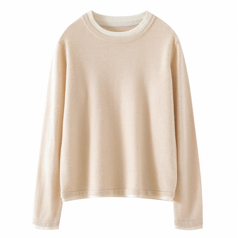 2025年秋季新款拼边假两件针织羊绒衫时尚休闲通勤百搭，女装羊绒衫，博友羊绒