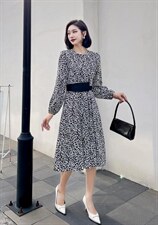 撞色腰带连衣裙，女装连衣裙，迪蔓君翔