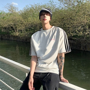 抖音得物高品质二开240克宽松纯棉美式潮牌三条杠织带短袖T恤
