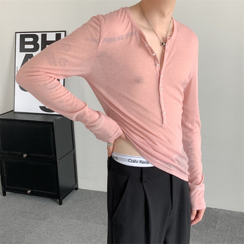 夏装弹力深V打底肉粉色polo衫透气显瘦设计感长袖polo男女上衣,男装Polo衫,星座909