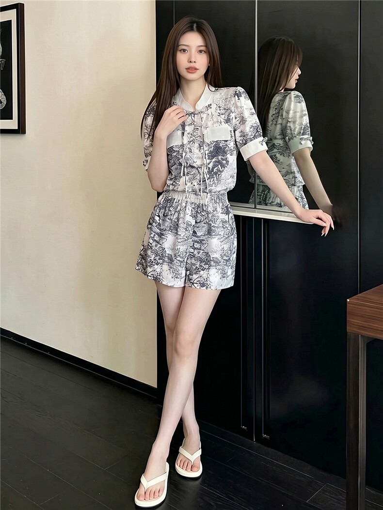 新中式盘扣立领短袖套装女夏季新款休闲运动阔腿短裤两件套潮,女装套装/套裙,江南