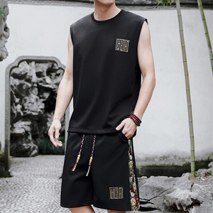 男士背心套装男刺绣休闲运动拼接短裤两件套夏季A266-TZ1107-P43图片