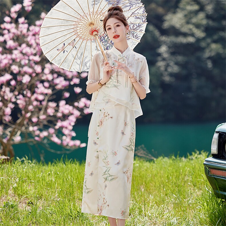 新中式国风套装女夏高级感2024新款气质绝美改良旗袍套装裙两件套,女装套装/套裙,韩蜜菓