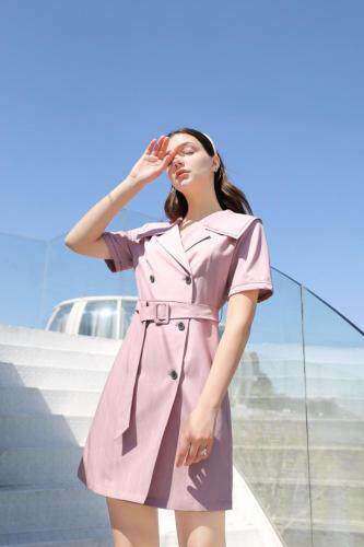 夏季新款双排扣翻领短袖连衣裙，女装连衣裙，忆思妤