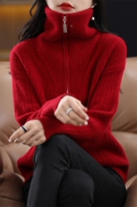 女士拉链半开领羊毛衫羊毛舒适柔软，女装羊毛衫，暮绒羊羊绒