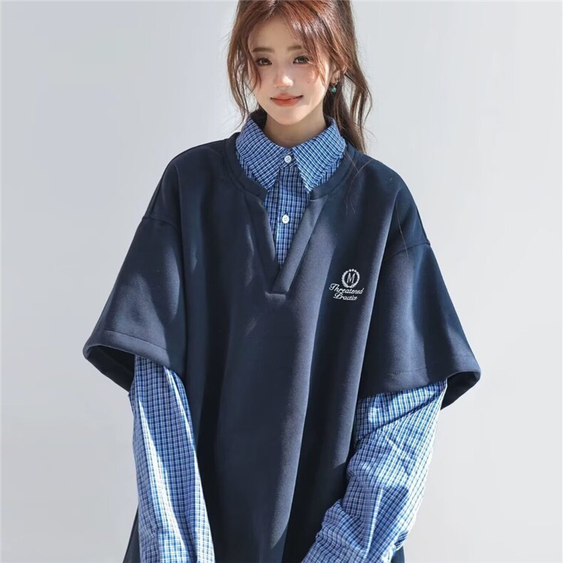 2026新款复古学院风假两件衬衫男女春季潮牌宽松情侣长袖卫衣外套,男装衬衫,星座715-4