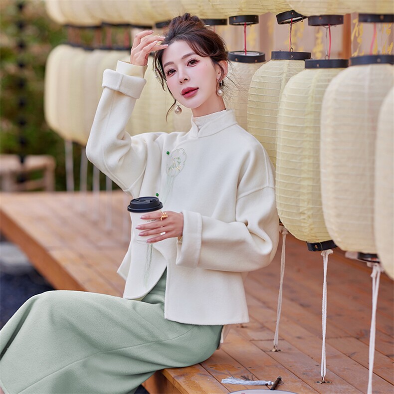 芷墨原创新款双面呢外套新中式绣花毛呢外套上衣半身裙两件套,女装套装/套裙,芷墨服饰