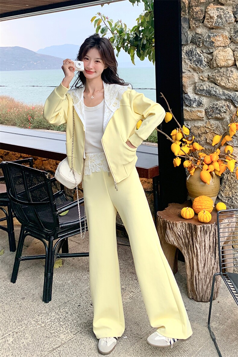 时尚拼接套装女2025年春季新款爆款洋气减龄连帽卫衣阔腿裤两件套,女装套装/套裙,2C029