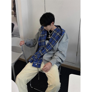 【有货】假两件格子拼接卫衣男款设计感连帽开衫外套JL97CC-特P68图片
