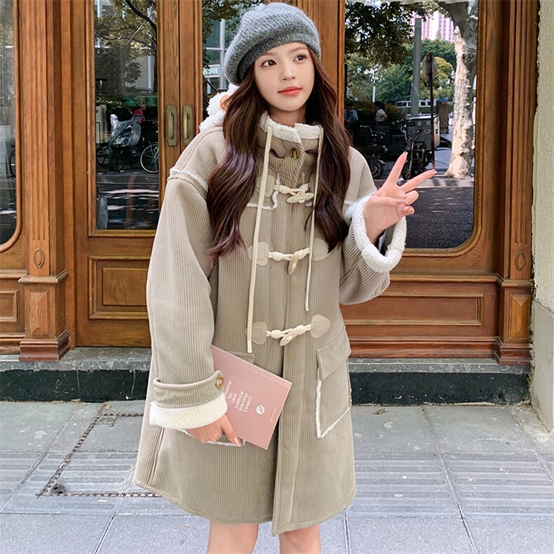 连帽灯芯绒皮毛一体外套可爱可拆卸玩偶棉服,女装棉衣/棉服,天使之佳话