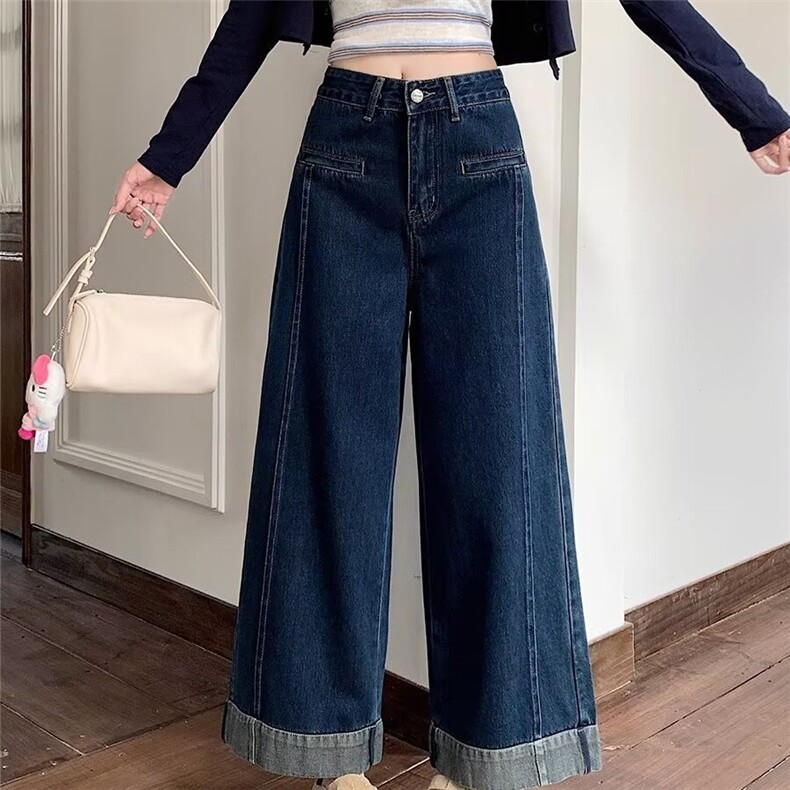 蓝色直筒卷边九分烟管裤小个子牛仔裤女2025秋冬高腰宽松阔腿裤子,男装牛仔裤,星座1210-1