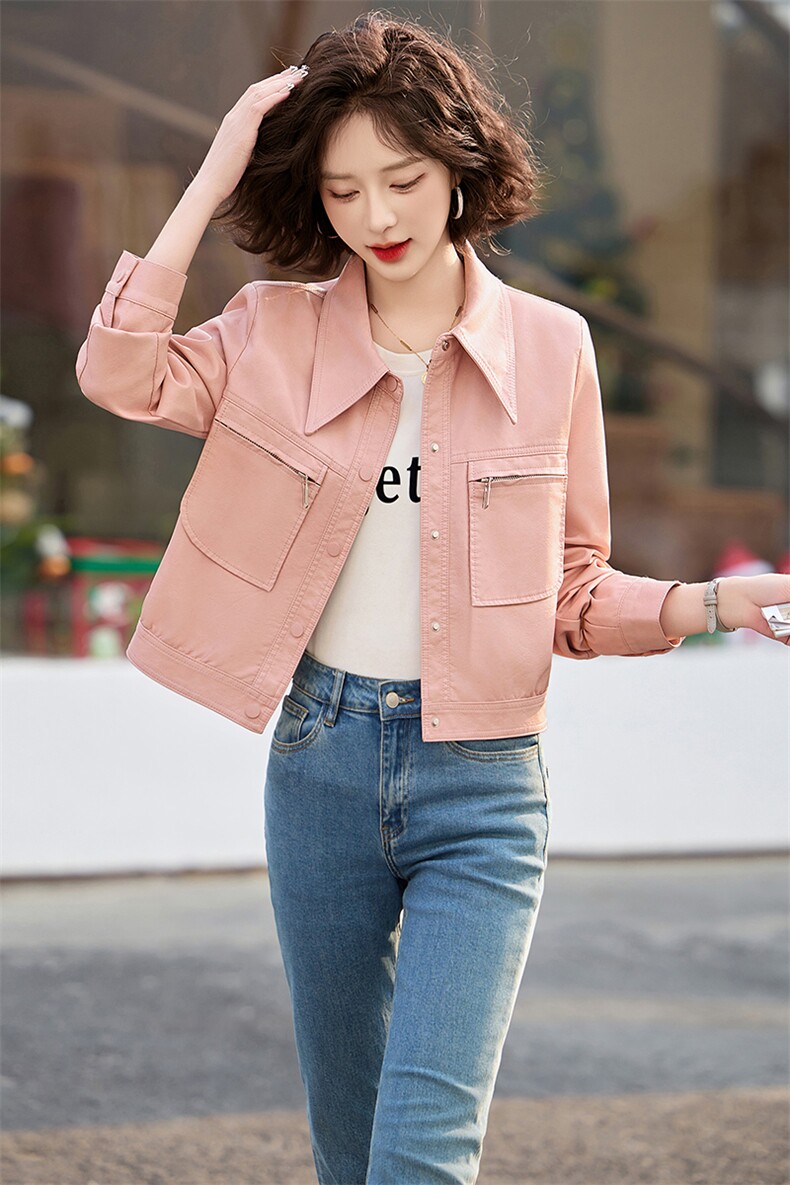 甜酷粉色减龄PU皮衣短外套女2025春季新款小个子翻领工装夹克上衣,女装皮衣,魅丽静蓝