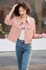 甜酷粉色减龄PU皮衣短外套女2025春季新款小个子翻领工装夹克上衣，女装皮衣，魅丽静蓝