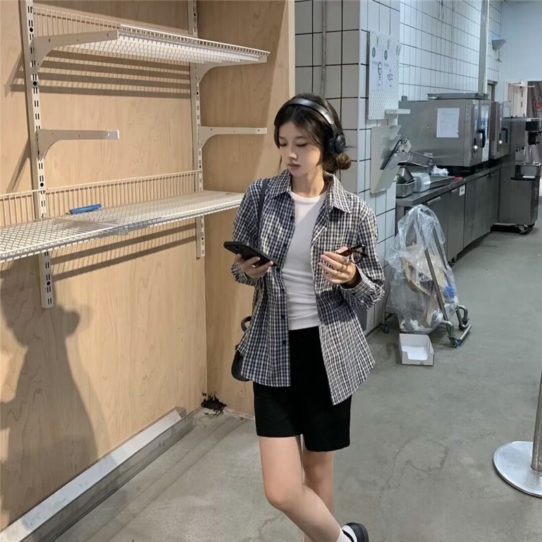 CS8-P34高级感蓝色格子衬衫女复古女装百搭气质上衣宽松休闲,男装衬衫,电商B323A