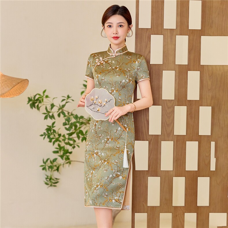 杭州品质真丝中长裙复古印花连衣裙女春夏日常修身潮流真丝旗袍,女装汉服/婚纱/旗袍/礼服,小荷流