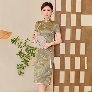 杭州品质真丝中长裙复古印花连衣裙女春夏日常修身潮流真丝旗袍图片