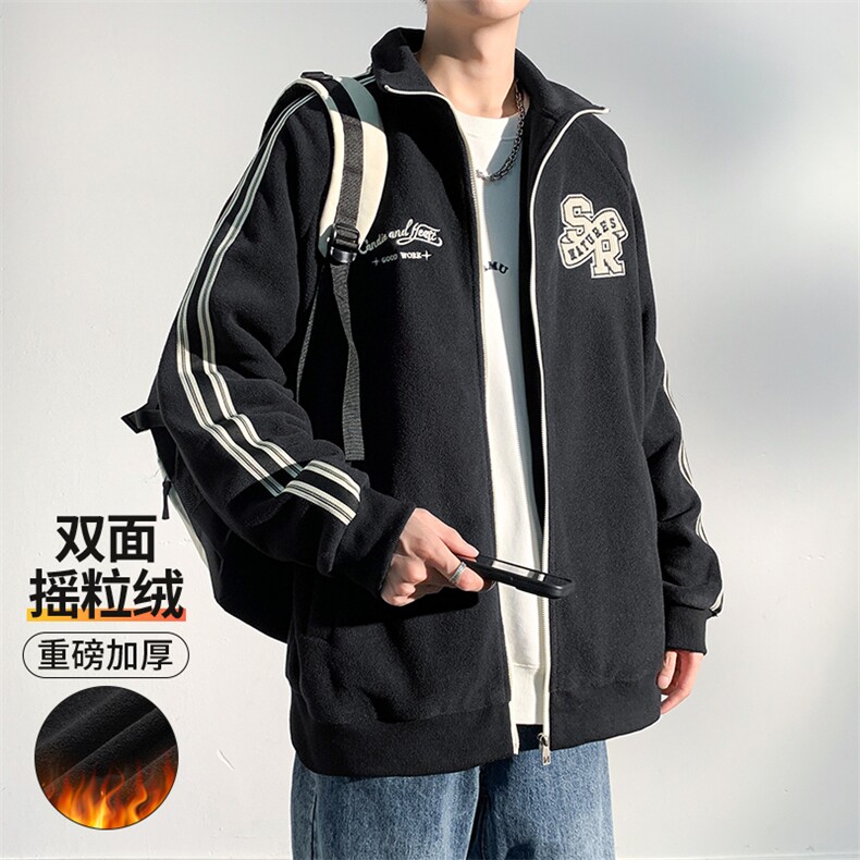 2023冬新款港风加绒加厚个性毛巾绣摇粒绒开衫连帽卫衣 23153-P65图片