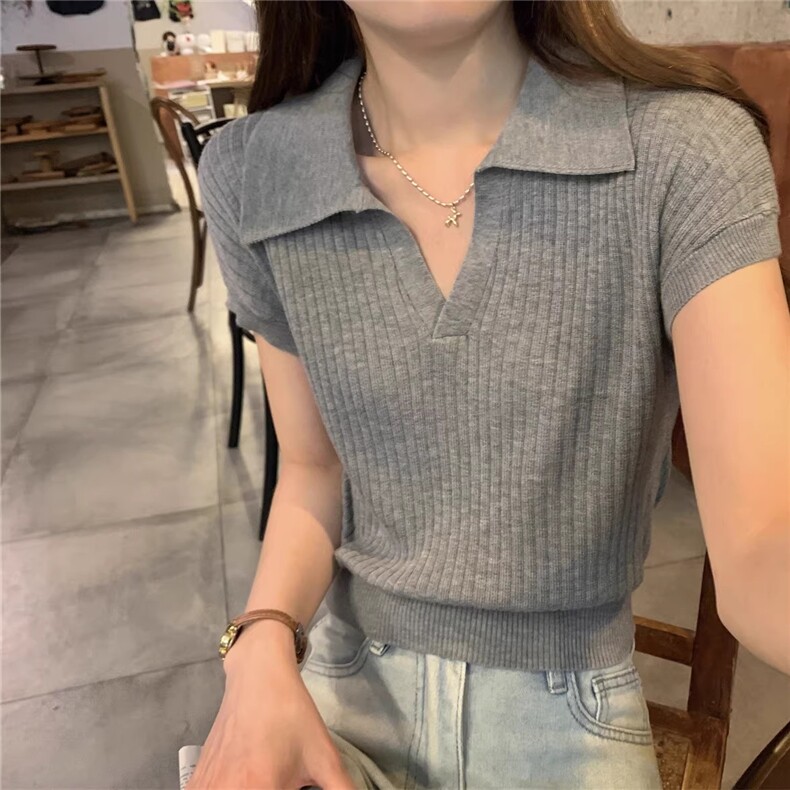 精纺羊毛小绞花金属扣短袖，女装T恤，胜智羊绒