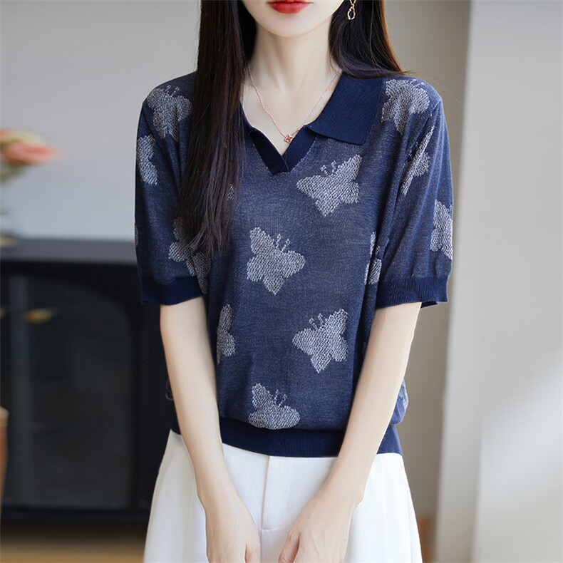 高级感莱赛尔针织POLO领提花短袖T恤女2025夏薄透气减龄小衫上衣图片